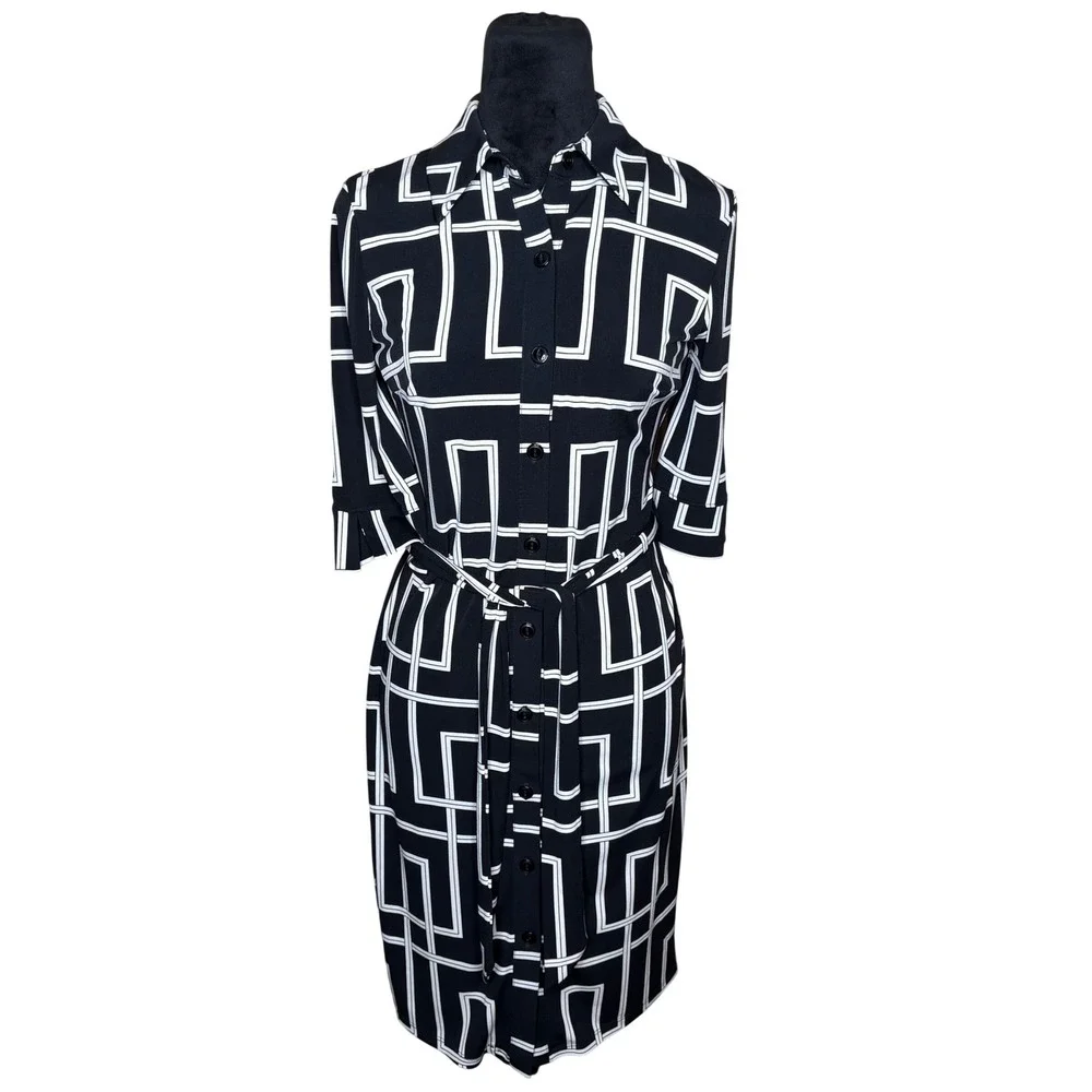 White House Black Market Black White Geometric Shirt Dress Size 2 Button Front